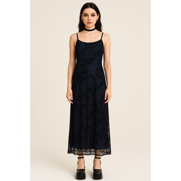 Y2K Navy Blue Black Velvet Burnout Mesh Floral Maxi Slip Dress Medium Whimsigoth - Picture 2 of 16